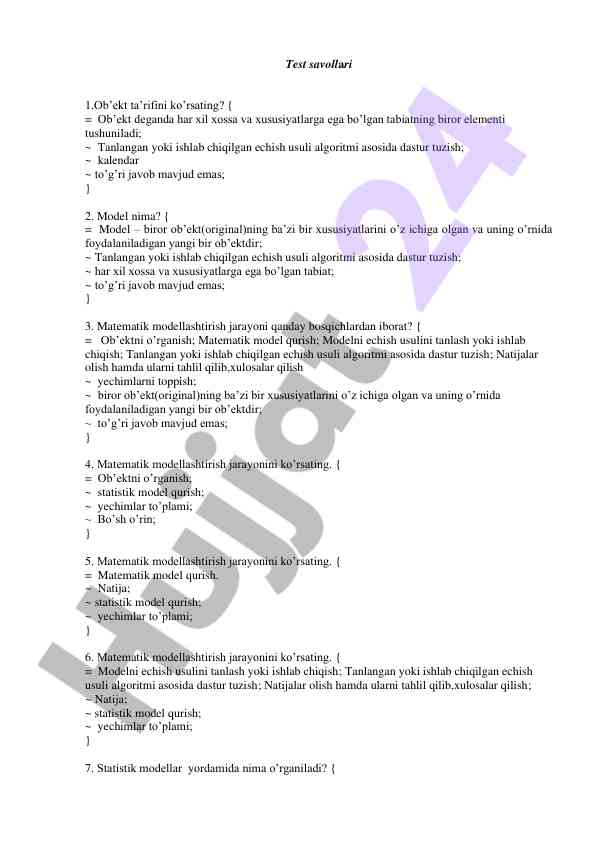 Matematik modellashtirish savollari va javoblari