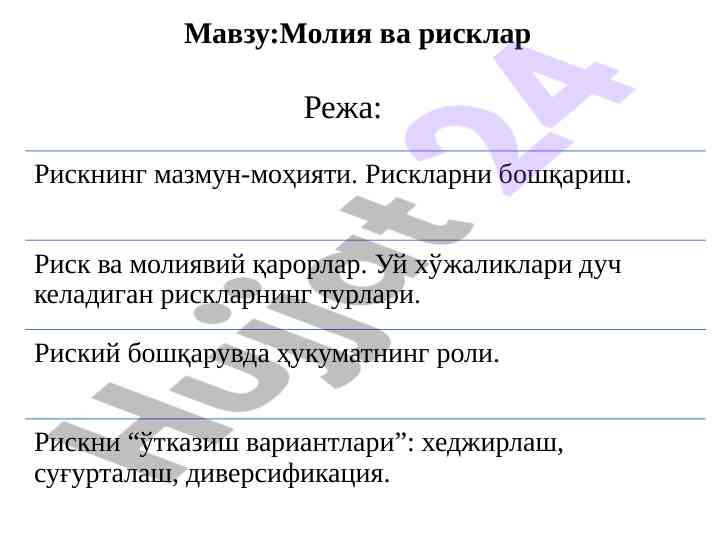 Moliya va risklarni boshqarish usullari