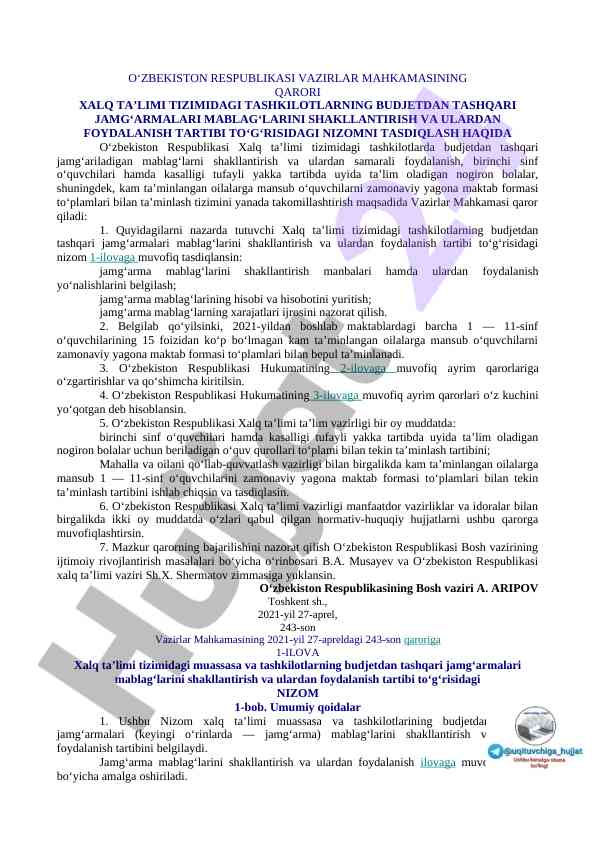Budjetdan tashqari jamg‘armalar tizimidagi nizom