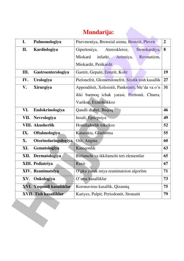 Mundarija pulmonologiya kardiologiya gastroenterologiya