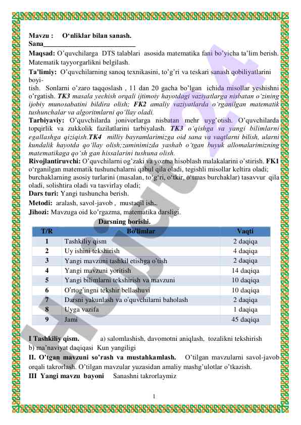 O‘nliklar bilan sanash ta’lim rejasi