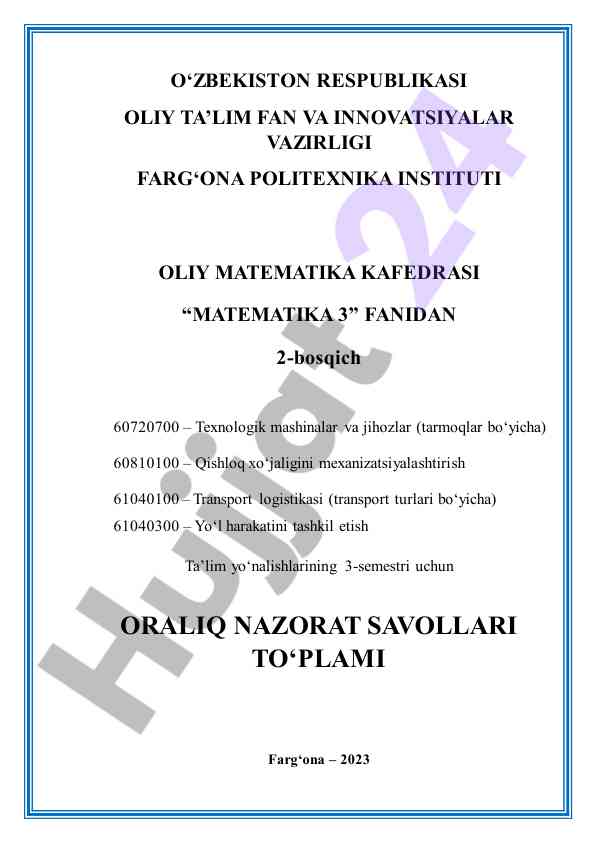 Matematika 3 fanidan oraliq nazorat savollari