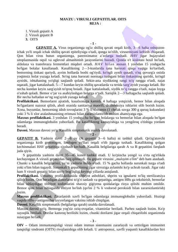 Virusli gepatitlar tahlili va oits ta'siri