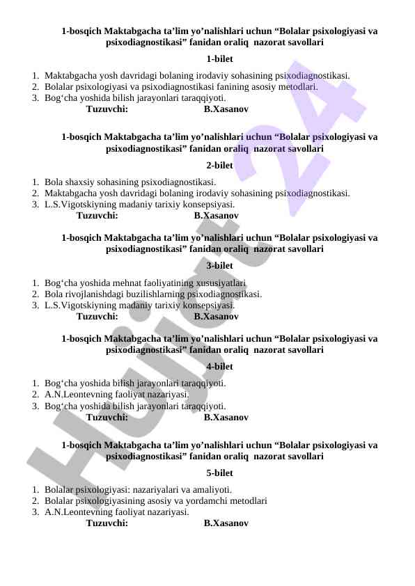 Bolalar psixologiyasi va psixodiagnostikasi oraliq nazorat