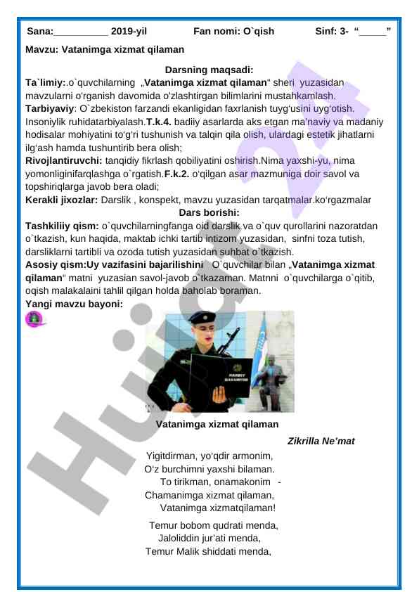 Vatanimga xizmat qilaman mavzusi bo'yicha dars