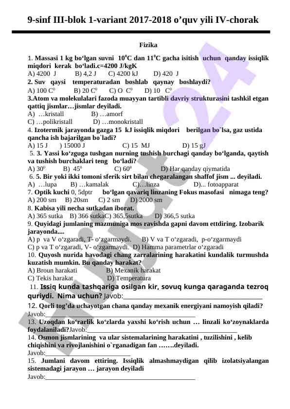 9-sinf fizika iii-blok test varianti 2017-2018