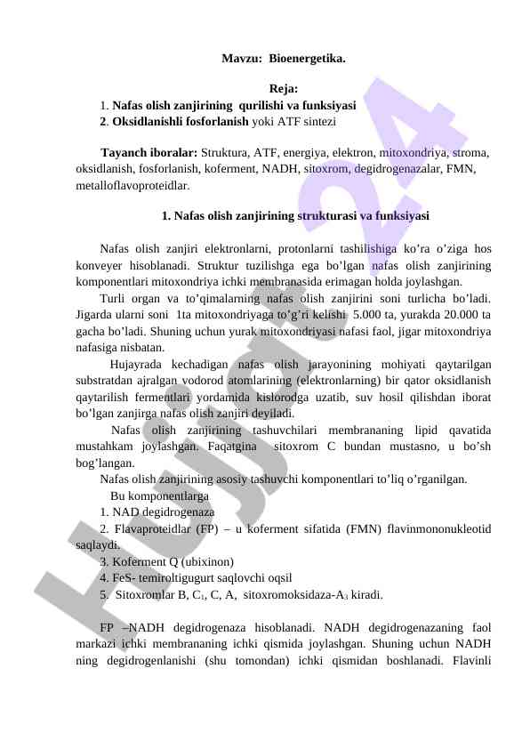 Bioenergetika jarayoni va nafas olish zanjiri