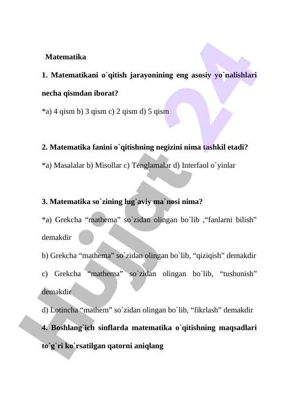 Matematika O'qitish Jarayoni Haqida Savollar
