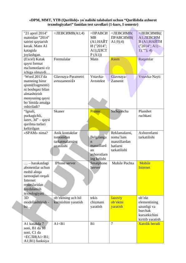 Qurilishda axborot texnologiyalari test savollari
