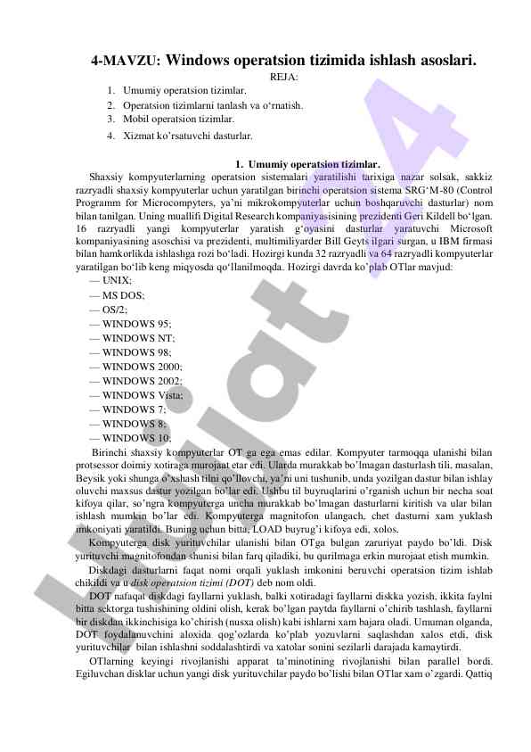 Windows operatsion tizimida ishlash asoslari