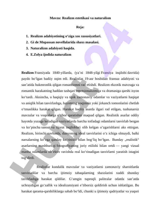 Realizm estetikasi va naturalizm asoslari