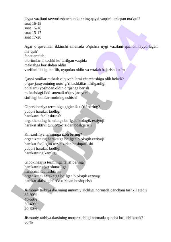 O‘quvchilar uchun uyga vazifa tayyorlash vaqtlari