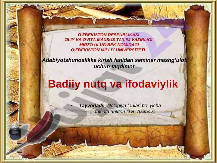 Badiiy nutq va ifodaviylik taqdimoti