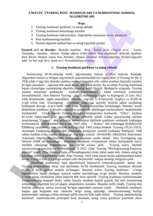 Tyuring-post mashinalari va markovning normal algoritmlari