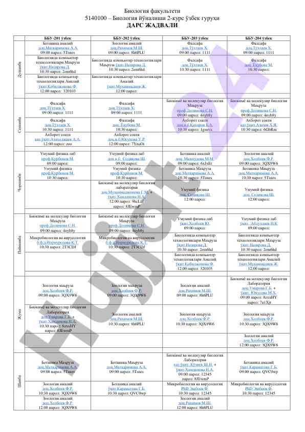Biologiya yo'nalishi 2-kurs dars jadvali