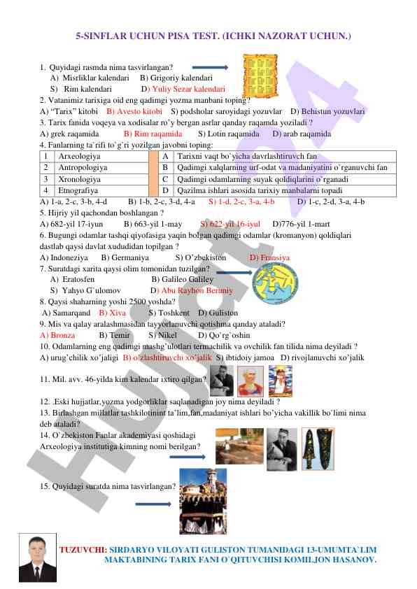 5-sinflar uchun pisa test savollari