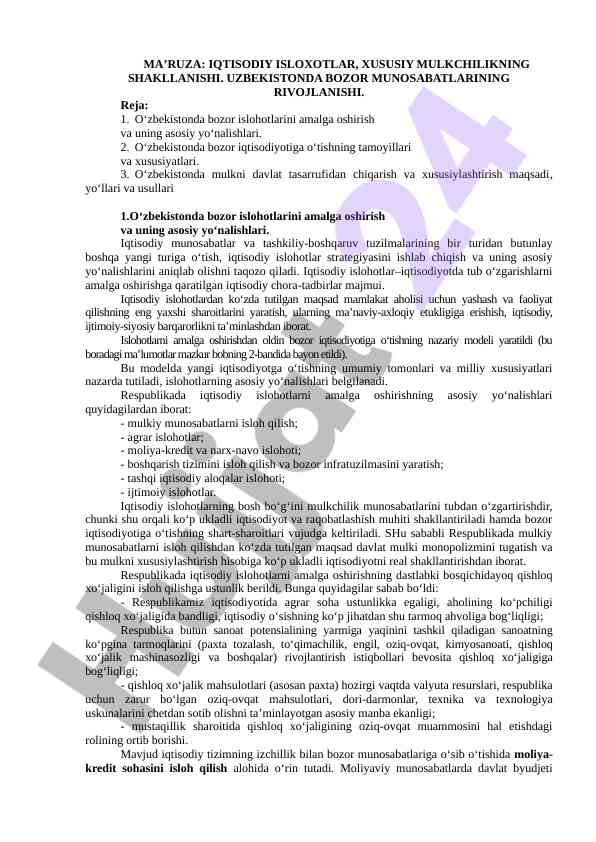 Iqtisodiy islohotlar va xususiy mulkchilikning rivojlanishi