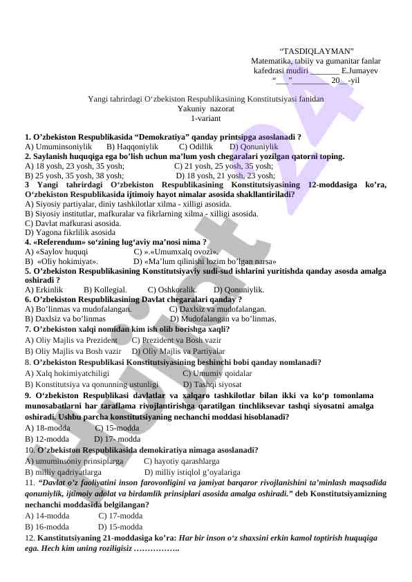 O‘zbekiston respublikasi konstitutsiyasidan yakuniy nazorat testi