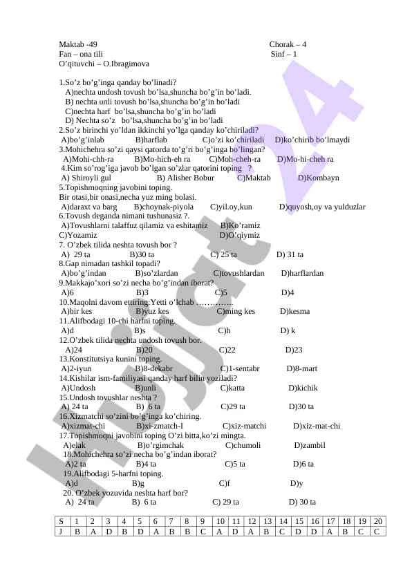 Ona tili fanidan test savollari