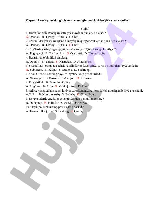 5-sinf o‘quvchilar uchun test savollarining to‘plami