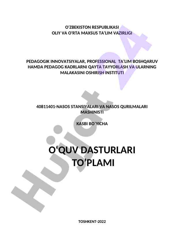 Nasos stansiyalari va nasos qurilmalari bo'yicha o'quv dasturi