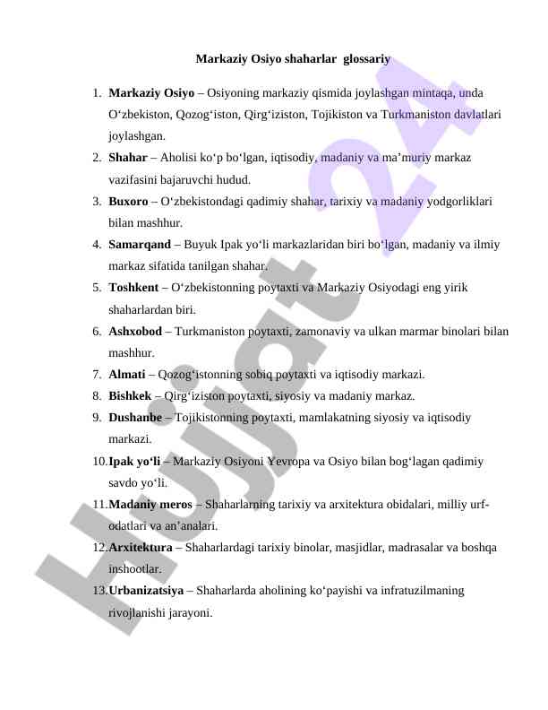 Markaziy osiyo shaharlar glossariy