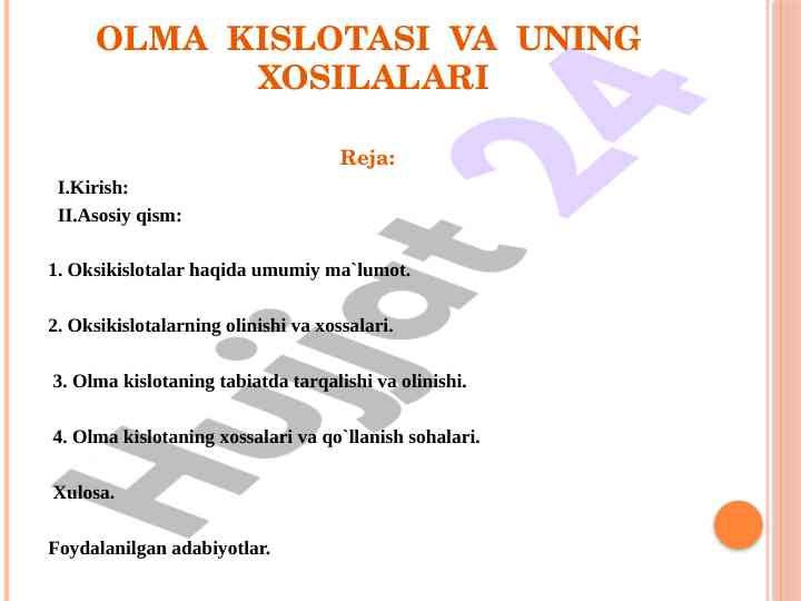 Olma kislotasi va uning xosilalari tahlili