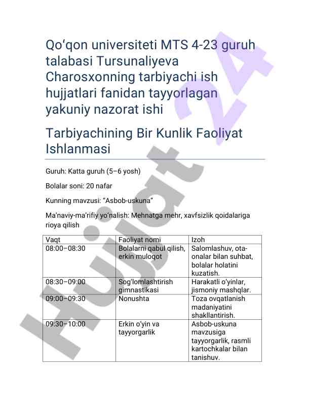 Tarbiyachining bir kunlik faoliyat ishlanmasi