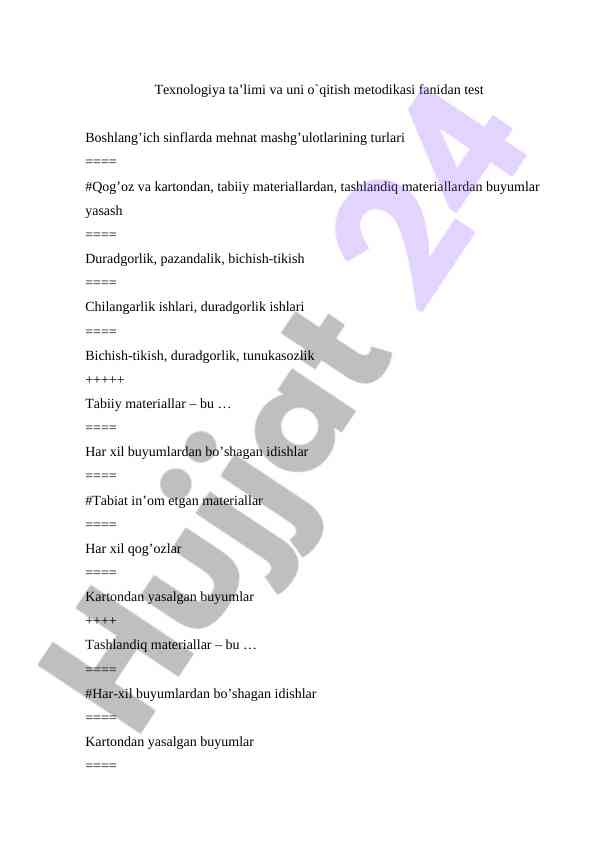 Boshlang'ich sinflar uchun texnologiya ta'limi testi