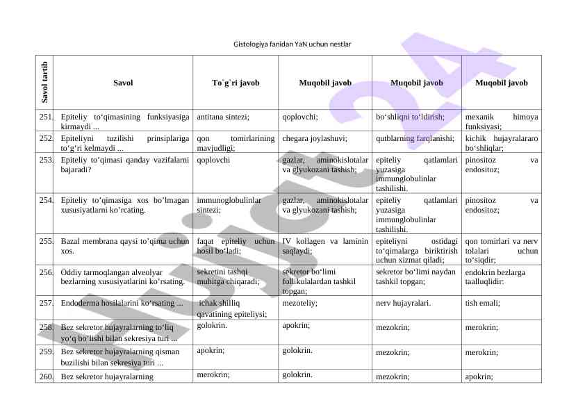 Gistologiya fanidan savollar va javoblar