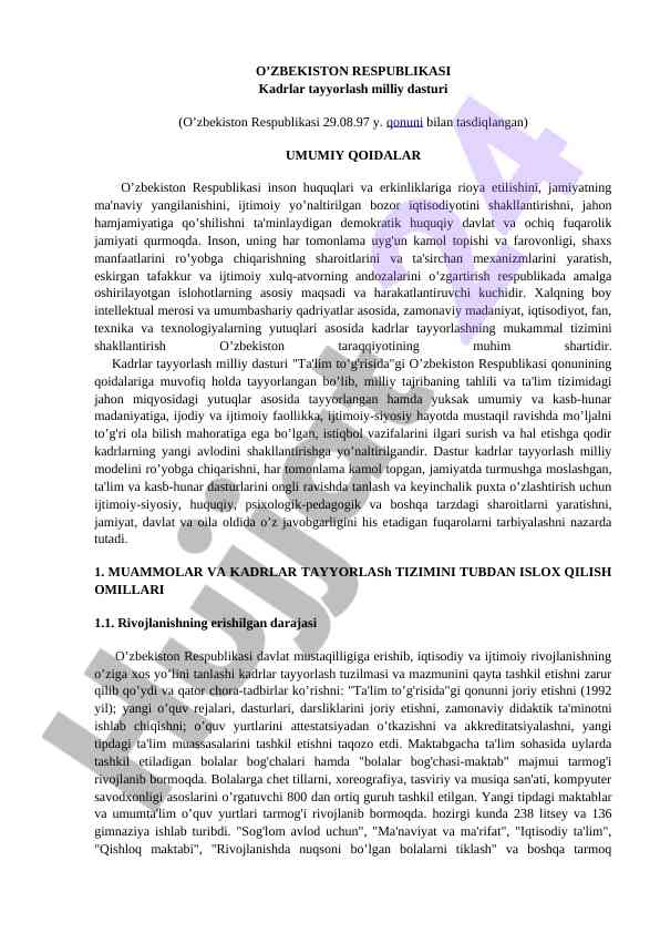 Kadrlar tayyorlash milliy dasturi rivojlanishi