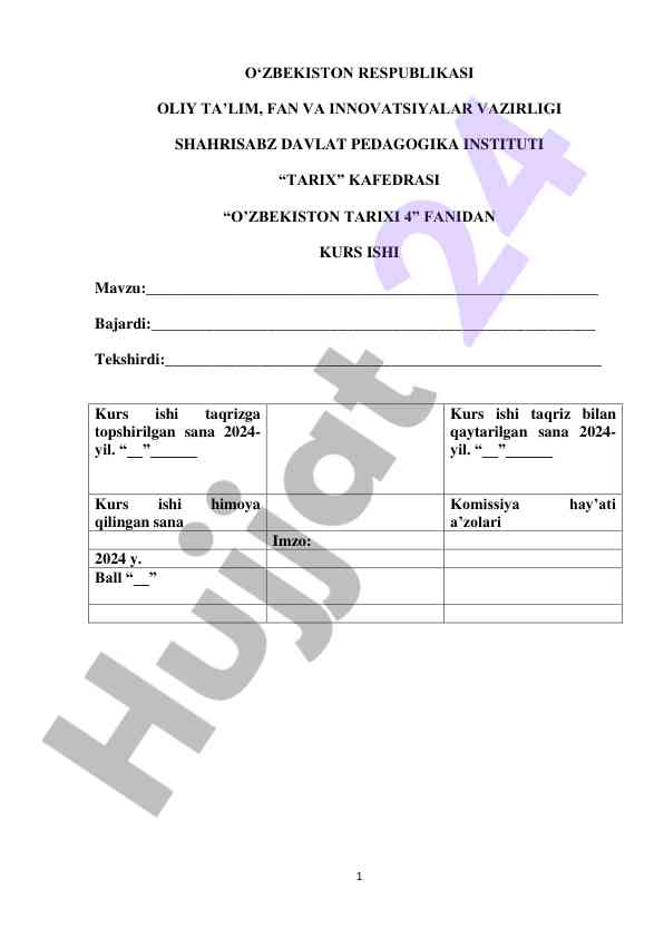 O'zbekiston tarixi 4 kurs ishining mavzusi