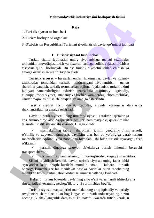 Turistik siyosat tushunchasi va boshqarish tizimi