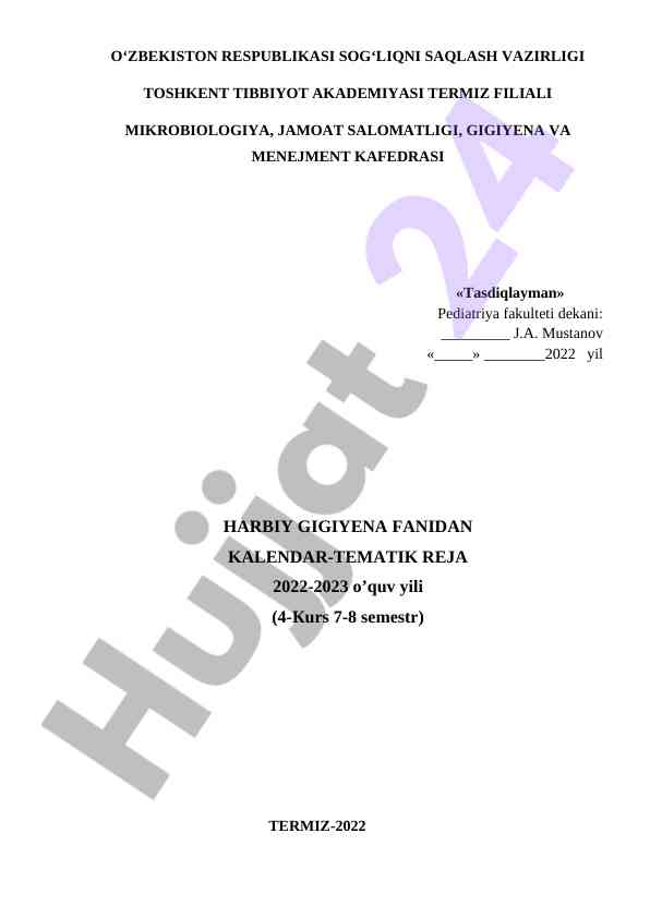Harbiy gigiyena fanidan kalendar-tematik reja
