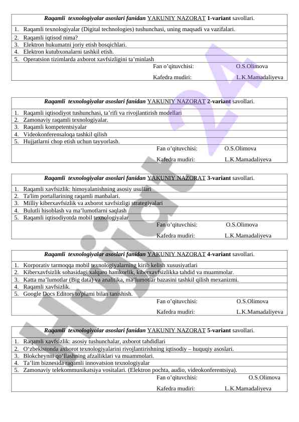 Raqamli texnologiyalar asoslari yuzasidan nazorat savollari