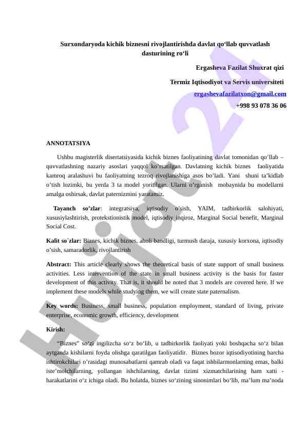 Kichik biznesni rivojlantirishda davlat qo'llab quvvatlash