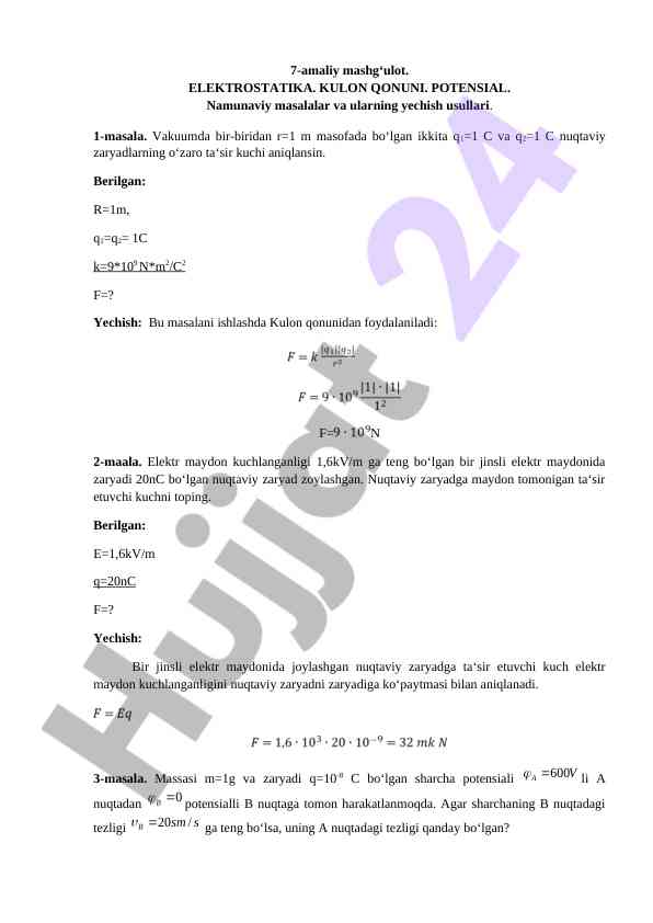 Elektrostatika va kulon qonuni masalalari