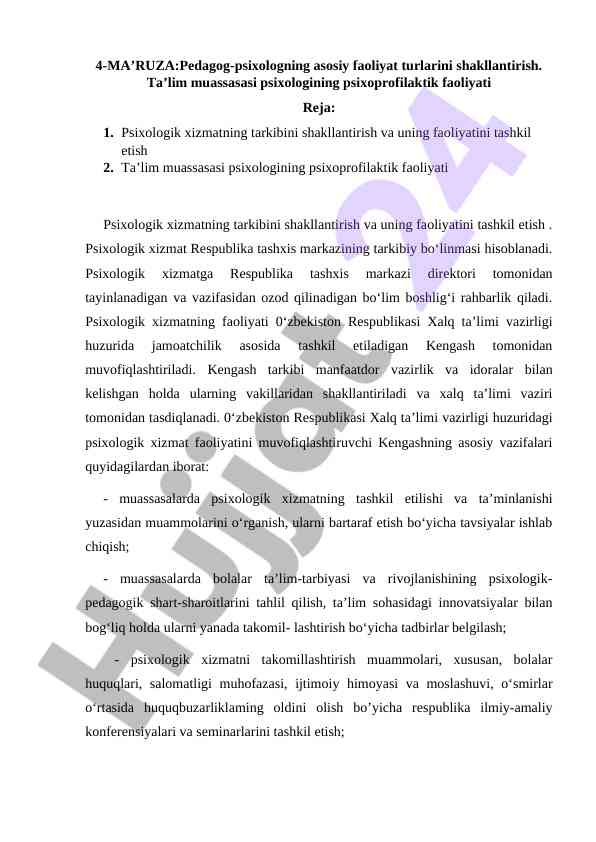 Pedagog-psixologning faoliyat turlari va psixoprofilaktika