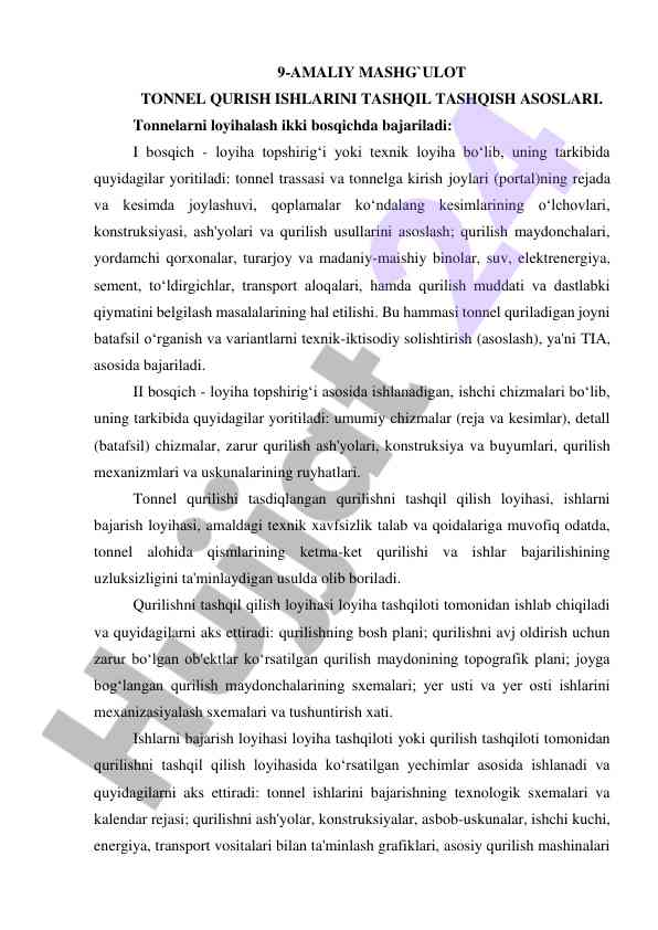 Tonnel qurish ishlari tashqi tashqi asoslari