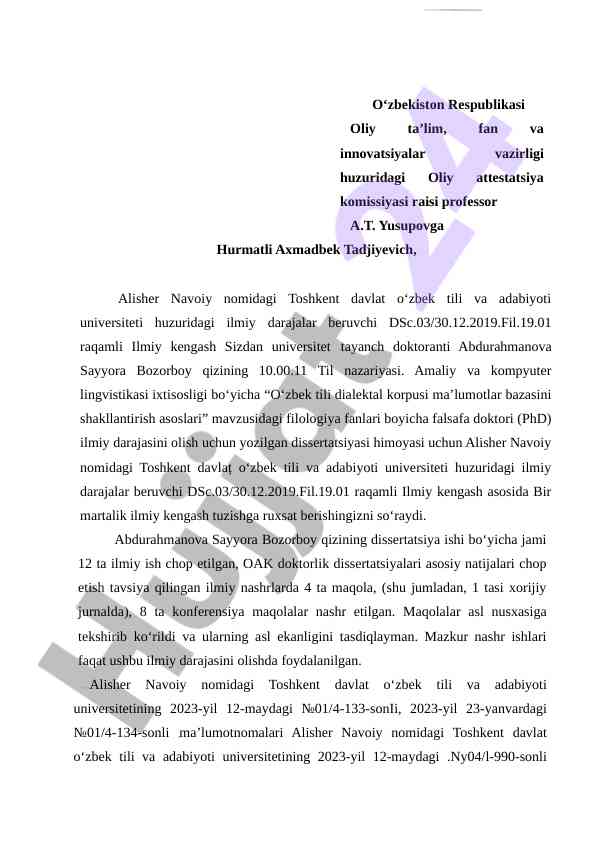 O‘zbek tili dialektal korpusi ma’lumotlar bazasi
