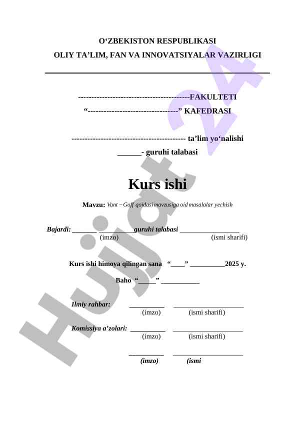Vant-Goff qoidasi mavzusiga oid masalalar yechish kurs ishi