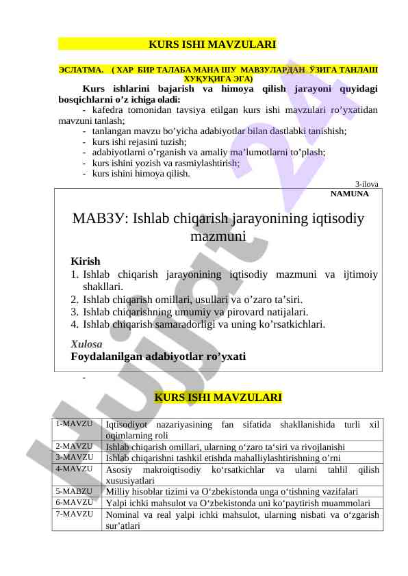 Kurs ishi mavzulari eslatma