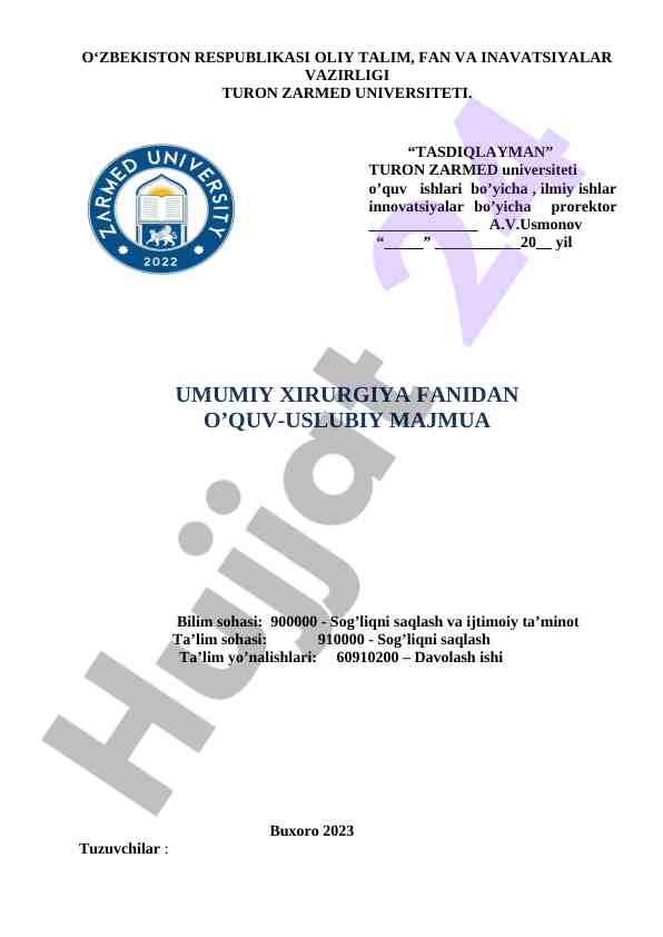 Umumiy xirurgiya fanidan o‘quv-uslubiy majmua