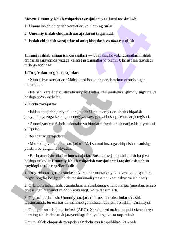 Umumiy ishlab chiqarish xarajatlari taqsimlash