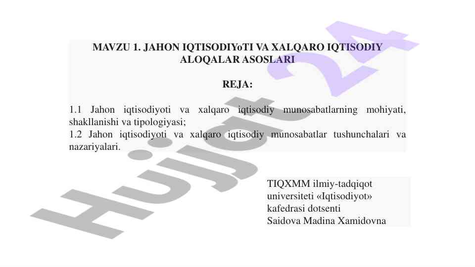 Jahon iqtisodiyoti va xalqaro iqtisodiy aloqalar asoslari