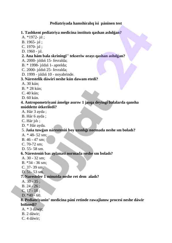 Pediatriyada hamshiralıq isi testi