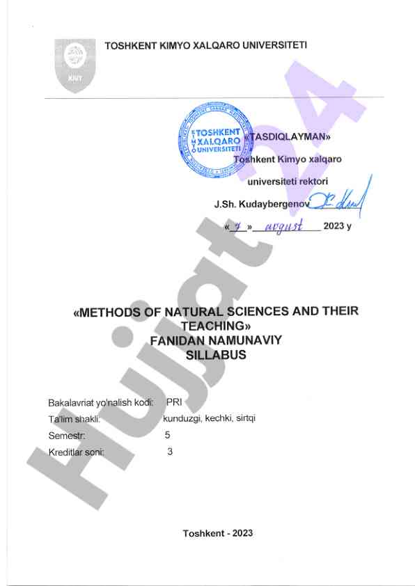 Natural sciences teaching methods syllabus
