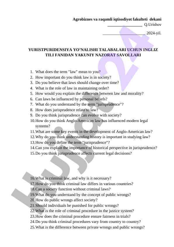 Yakuni nazorat savollari bo'yicha jurisprudence