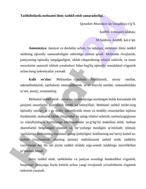 Mehnatni ilmiy tashkil etish samaradorligi