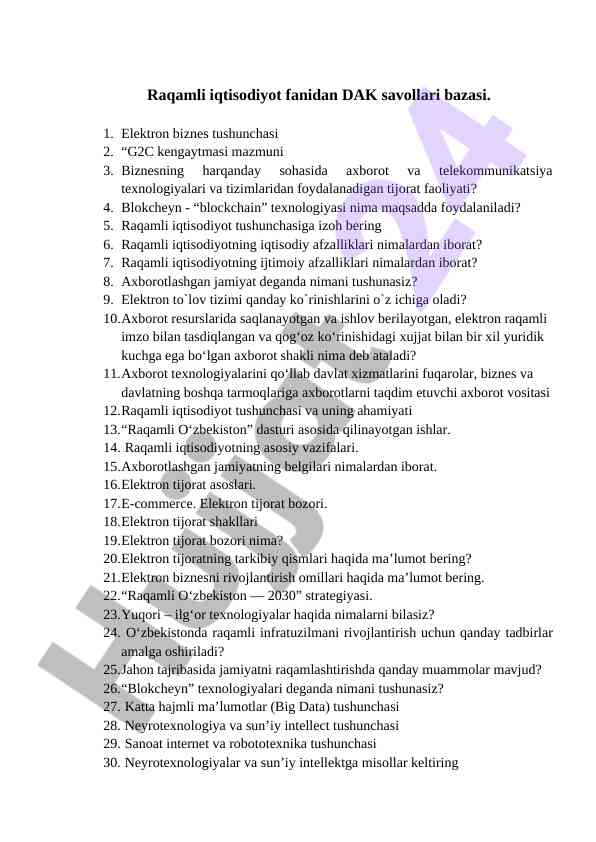 Raqamli iqtisodiyot fanidan dak savollari bazasi